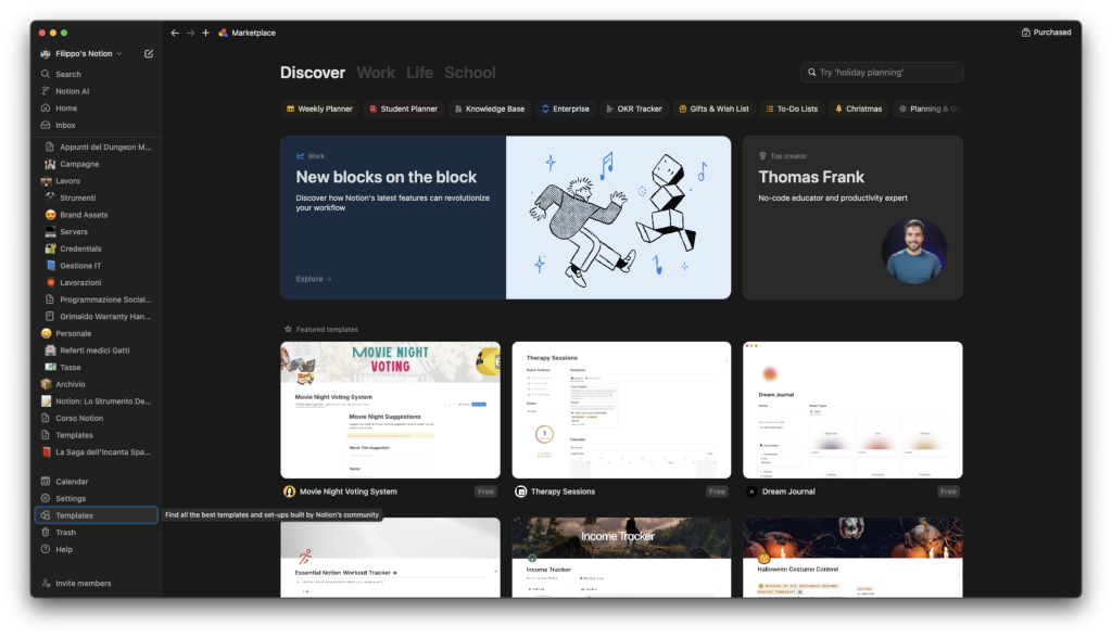 La sezione Template messa a disposizione da Notion per scaricare modelli pre confezionati dagli utenti della community